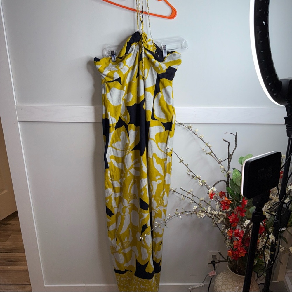LOFT Vibrant Yellow and Black Floral Patterned Cotton Lined Maxi Dress